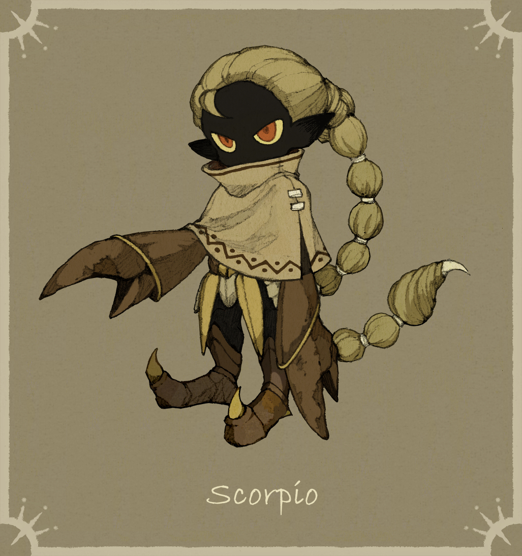 1other blonde_hair capelet colored_sclera covered_mouth long_hair maniani orange_eyes original pincers pointy_ears pointy_footwear ponytail scorpio_(zodiac) yellow_sclera zodiac