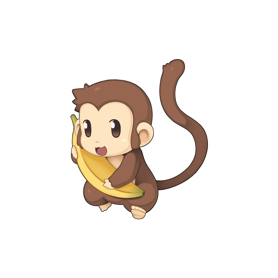 :3 animal_focus banana chibi chibi_only food fruit full_body looking_at_viewer monkey no_humans official_art open_mouth ragnarok_online simple_background smile solo transparent_background yoyo_(ragnarok_online) yuichirou