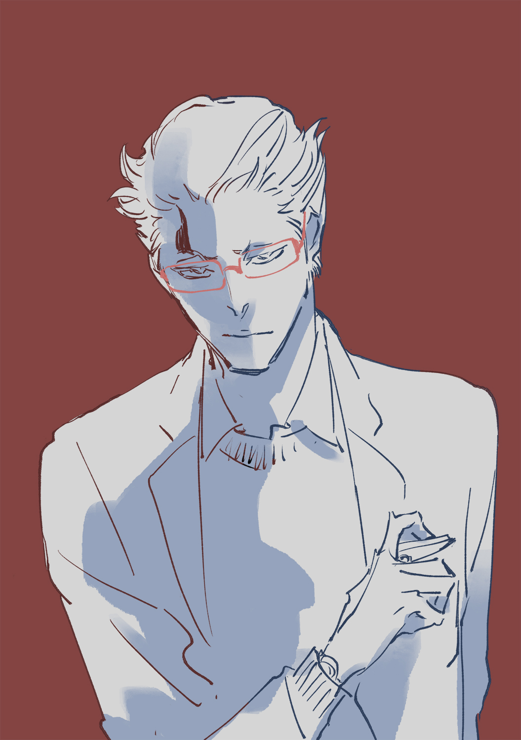 1boy asguiaro_ebern bleach bleach:_sennen_kessen-hen collared_jacket glasses hair_slicked_back highres jacket kubo_tite lapels limited_palette long_sleeves male_focus notched_lapels partially_colored short_hair solo sweater