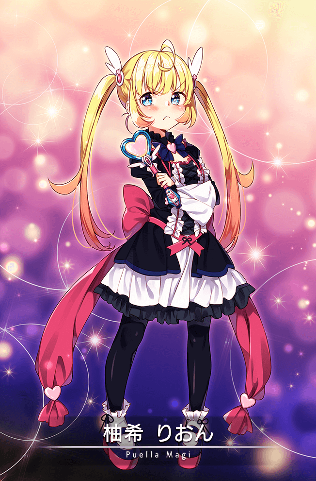 1girl ahoge back_bow black_dress black_pantyhose black_ribbon black_shoes blonde_hair blue_eyes blunt_bangs blush bow brooch card_(medium) center_frills character_name cleavage_cutout closed_mouth clothing_cutout collared_dress cross-laced_clothes cross-laced_dress crossed_arms dot_nose dress eyelashes frilled_skirt frilled_socks frills frown full_body game_cg gradient_background gradient_hair hair_ornament heart heart_brooch heart_wand holding holding_wand jewelry juliet_sleeves light_particles long_hair long_sleeves magia_record:_mahou_shoujo_madoka_magica_gaiden magical_girl mahou_shoujo_madoka_magica mary_janes medium_skirt multicolored_hair official_art orange_hair outline pantyhose pink_bow puffy_sleeves purple_background ribbon ribbon_legwear sakuragi_ren shoes short_dress skirt skirt_under_dress socks solo sparkle standing tsundere twintails v-shaped_eyebrows very_long_hair wand white_outline white_skirt white_socks wide_sleeves wing_hair_ornament yuzuki_rion