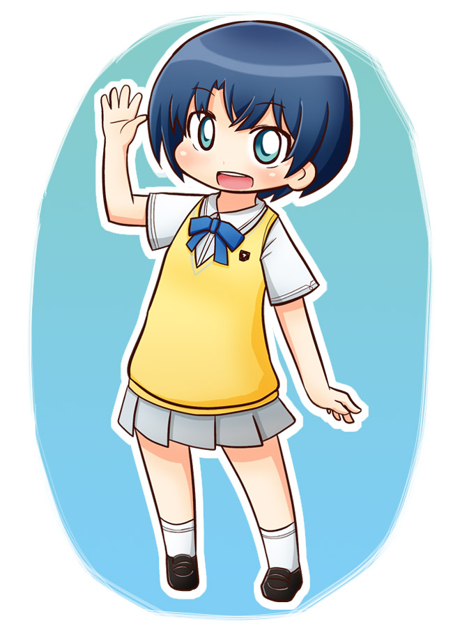 1girl :d ano_natsu_de_matteru arm_up black_shoes blue_background blue_bow blue_eyes blue_hair blush bow collared_shirt commentary_request dress_shirt full_body grey_skirt loafers looking_at_viewer naga_u open_mouth outline pleated_skirt school_uniform shirt shoes skirt smile socks solo sweater_vest tanigawa_kanna teeth two-tone_background upper_teeth_only white_background white_outline white_shirt white_socks