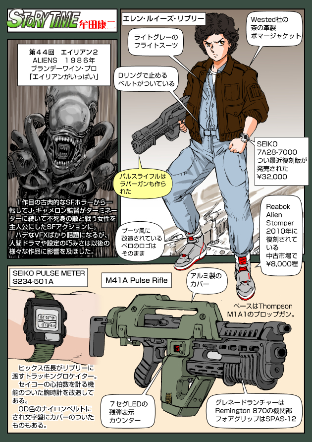 1girl alien alien_(series) aliens_(movie) assault_rifle auto-ordnance_corporation black_hair caseless_firearm dual-mode_shotgun electronic_firearm ellen_ripley english_text extra_mouth franchi grenade_launcher gun jacket japanese_text jumpsuit m41a_pulse_rifle monster muta_koji pump-action_grenade_launcher pump-action_shotgun pump_action remington_870 remington_arms rifle semi-automatic_shotgun shotgun space_monster spas-12 story_time_(muta_koji) submachine_gun thompson_submachine_gun translation_request u1_grenade_launcher underbarrel_grenade_launcher watch weapon weapon_focus weapon_name weapon_profile xenomorph