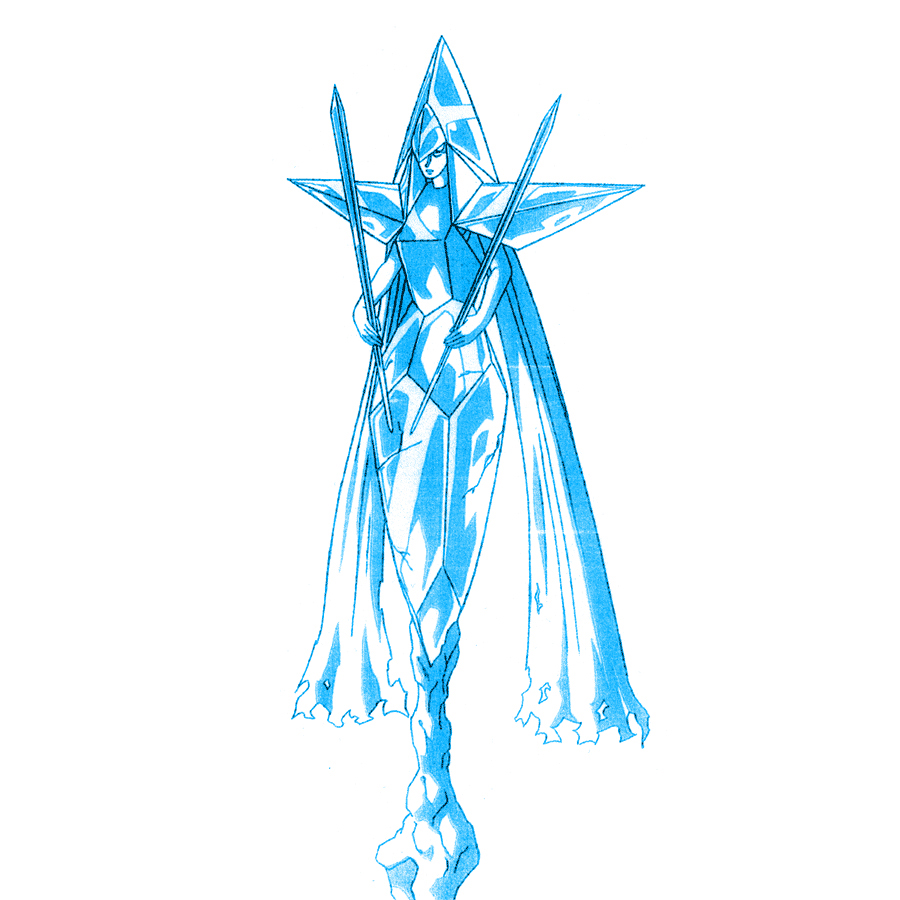 1girl crystal digimon digimon_(creature) female_focus floating lance polearm simple_background solo weapon white_background yggdrasill_(digimon) yggdrasill_7d6