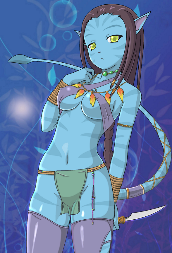 1girl animal_ears avatar_(2009_movie) black_hair blue_skin breasts cat_ears cat_tail colored_skin covered_erect_nipples female_focus green_eyes james_cameron&#039;s_avatar jewelry joy_(artist) knife loincloth na&#039;vi necklace neytiri pointy_ears solo tail thighhighs tribal underboob yellow_eyes