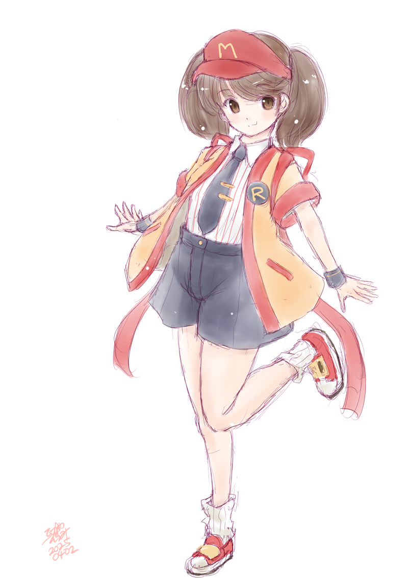 1girl badge black_necktie black_shorts brown_eyes brown_hair button_badge commentary_request cosplay employee_uniform fast_food_uniform imadake_dabuchi_tabemi imadake_dabuchi_tabemi_(cosplay) kantai_collection koshigaya_tatsumi long_hair look-alike looking_at_viewer mcdonald&#039;s necktie one-hour_drawing_challenge open_happi pinstripe_pattern pinstripe_shirt ryuujou_(kancolle) shirt shorts simple_background solo standing standing_on_one_leg striped_clothes striped_shirt twintails visor_cap white_background wristband yellow_happi
