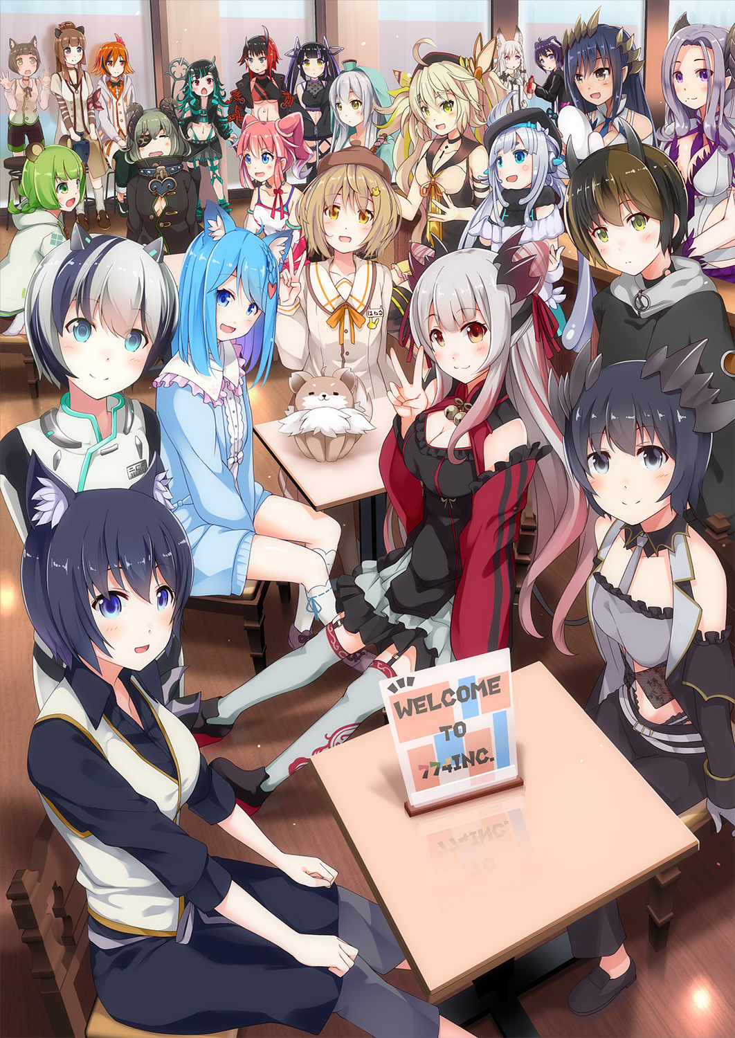 6+girls ahoge and_uge animal_ear_fluff animal_ears animare aqua_hair bear_ears beret black_hair black_headwear blue_hair brown_hair cafe camomi_camomi cat_ears closed_mouth cone_hair_bun demon_horns detached_sleeves dog_ears everyone fox_ears ginneko_nanashi green_hair haibara_akane haineko_nanashi hair_bun hashiba_natsumi_(animare) hat highres hinokuma_ran honey_strap hood hoodie horns inaba_haneru_(animare) indie_virtual_youtuber indoors kanade_kanon kazami_kuku kisaki_anko kojo_anna kojo_anna_(1st_costume) kuroneko_nanashi long_hair long_sleeves looking_at_viewer mikeneko_nanashi multicolored_hair multiple_girls nanashi_inc. open_mouth orange_hair pink_hair purple_hair ryugasaki_rene ryugasaki_rene_(1st_costume) saionji_mary sch sekishiro_mico shimamura_charlotte shiromiya_mimi shishio_chris short_hair sitting smile sougetsu_eli souya_ichika souya_ichika_(3rd_costume) streaked_hair sugar_lyric suou_patra suou_patra_(2nd_costume) table two-tone_hair v_ap_art virtual_youtuber white_hair yunohara_izumi