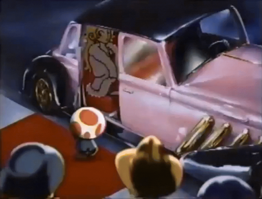 1990s_(style) 1993 4boys alternate_costume animated ass bare_legs blinking blonde_hair blowing_kiss breasts camera cleavage crown dress elbow_gloves evening_gown fur_trim gloves hat high_heels jewelry legs long_hair lots_of_jewelry mario_(series) mini_crown multiple_boys necklace nintendo official_art one_eye_closed photographer princess princess_peach red_carpet red_dress retro_artstyle sequins shoes side_slit super_mario_all_stars tagme toad_(mario) video wink