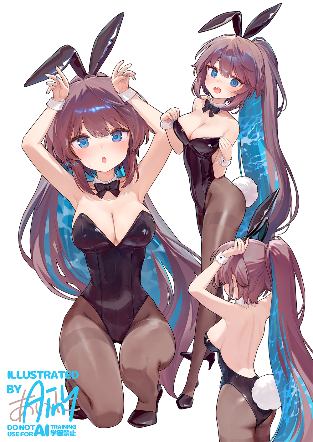 1girl ainy animal_ear_hairband animal_ears artist_name black_bow black_bowtie black_leotard black_pantyhose black_shoes blue_eyes bow bowtie breasts brown_hair colored_inner_hair detached_collar fake_animal_ears full_body hairband high_heels highres leotard medium_breasts multicolored_hair multiple_views original pantyhose patterned_hair playboy_bunny ponytail rabbit_ear_hairband rabbit_ears rabbit_pose rabbit_tail shoes sideboob strapless strapless_leotard tail white_wrist_cuffs wrist_cuffs