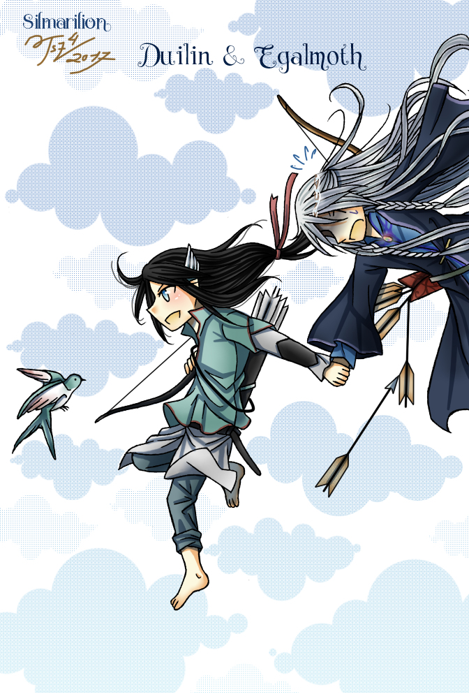 2017 2boys arrow_(projectile) bird black_hair blue_eyes bow_(weapon) braid character_name dated duilin egalmoth elf floating_clothes floating_hair grey_hair hair_ornament long_hair male_focus multiple_boys open_mouth pointy_ears quiver robe the_silmarillion tolkien&#039;s_legendarium weapon windrelyn