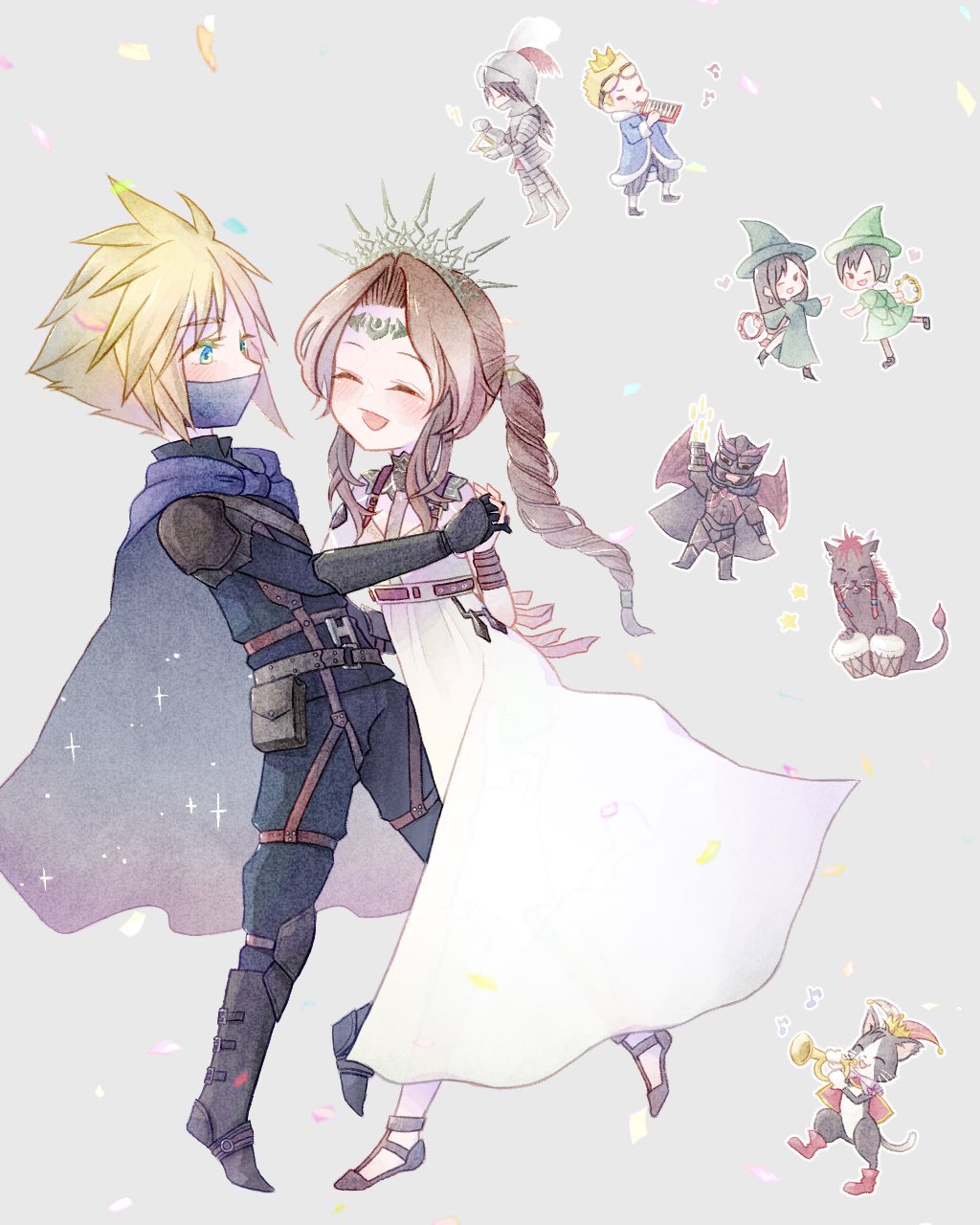3girls 6+boys aerith_gainsborough aerith_gainsborough_(loveless_dress) alternate_costume animal aqua_eyes armor barret_wallace black_cloak black_footwear black_fur black_gloves black_pants black_shirt blonde_hair blue_cloak bluelimbo8888 boots bracer braid braided_ponytail breasts brown_hair cait_sith_(final_fantasy) cat chibi chibi_inset cid_highwind circlet cloak closed_eyes cloud_strife cloud_strife_(alphreid_costume) crown dancing demon_costume demon_wings dress drum final_fantasy final_fantasy_vii final_fantasy_vii_rebirth final_fantasy_vii_remake fire flame-tipped_tail full_body gloves goggles goggles_on_head green_dress grey_background harmonica hat highres holding_hands instrument interlocked_fingers jester_cap knight long_hair mask medium_breasts mini_crown mouth_mask multiple_boys multiple_girls music musical_note official_alternate_costume one_eye_closed open_mouth pants parted_bangs playing_instrument pointy_hat prosthetic_weapon red_hair red_xiii red_xiii_(the_hellhound) shirt short_hair shoulder_armor sidelocks single_braid smile spiked_hair suspenders tail tambourine tifa_lockhart triangle_(instrument) trumpet two-sided_cloak two-sided_fabric two-tone_fur vincent_valentine white_dress white_fur white_gloves wings witch_hat yuffie_kisaragi