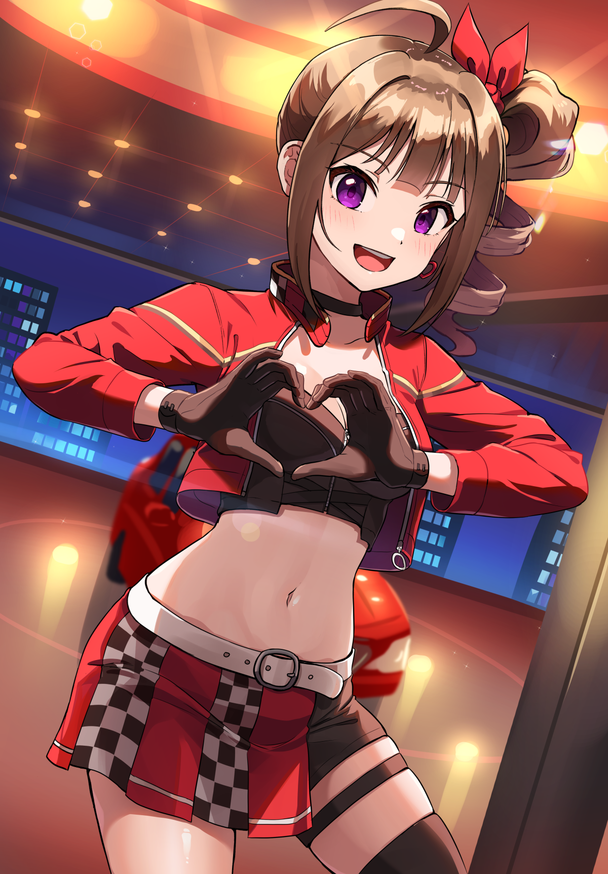 1girl 4_luxury_(idolmaster) ahoge asymmetrical_pants belt breasts brown_hair bustier car checkered_clothes checkered_skirt choker cleavage contrapposto cropped_jacket diffraction_spikes drill_hair drill_ponytail gloves heart heart_hands highres idolmaster idolmaster_million_live! idolmaster_million_live!_theater_days jacket kamille_(vcx68) lens_flare looking_at_viewer medium_hair midriff motor_vehicle navel open_mouth ponytail purple_eyes race_queen red_jacket side_ponytail skirt smile standing thighhighs white_belt yokoyama_nao zettai_ryouiki