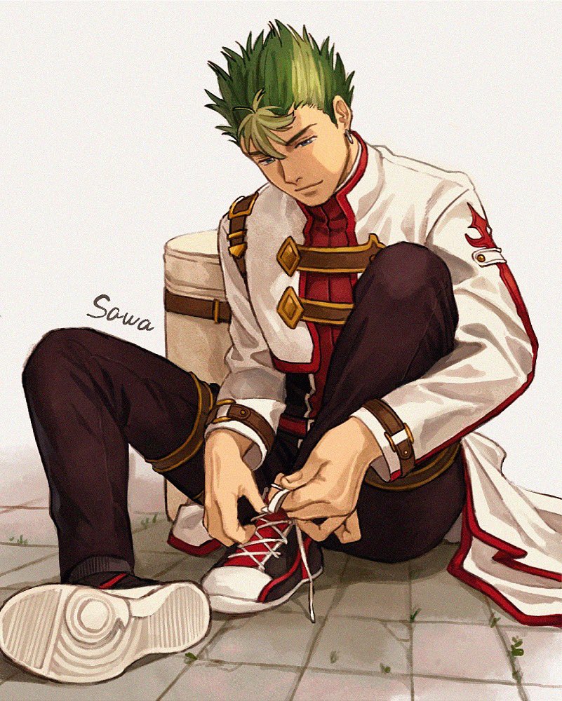 1boy artist_name black_pants black_shoes blue_eyes closed_mouth coat collared_coat commentary_request cross-laced_footwear eiyuu_densetsu green_hair kevin_graham male_focus pants red_shirt sawaponu3 shirt shoes short_hair sitting solo sora_no_kiseki tying_footwear white_background white_bag white_coat