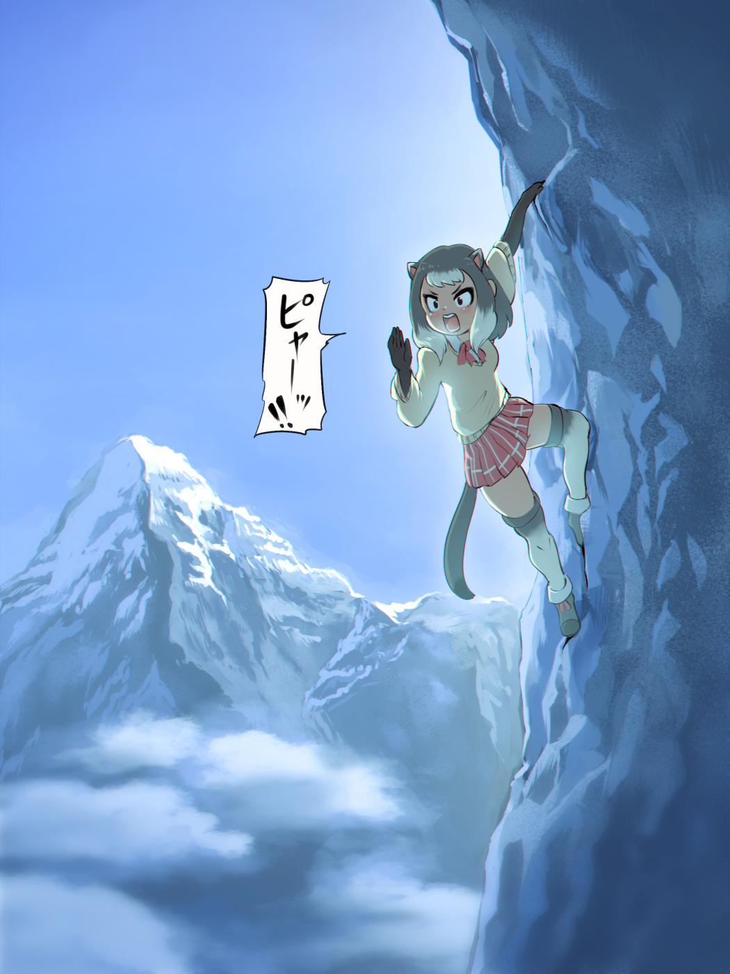 1girl alpine_marmot_(kemono_friends) black_gloves bow bowtie commentary_request elbow_gloves extra_ears gloves grey_hair grey_thighhighs highres kemono_friends long_sleeves marmot_ears marmot_girl marmot_tail mcgunngu mountain mountain_climbing open_mouth plaid_clothes plaid_skirt pleated_skirt red_bow red_bowtie red_skirt short_hair skirt solo thighhighs translated zettai_ryouiki