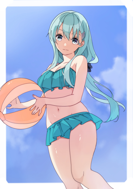 1girl aqua_eyes aqua_hair ball beach beachball bikini bikini_skirt blue_sky blush border breasts cloud cloudy_sky cosplay hair_between_eyes hair_ornament hairclip kantai_collection kasumi_(kancolle) kasumi_(kancolle)_(cosplay) kasumi_kai_ni_(kancolle) kasumi_kai_ni_(swimsuit)_(kancolle) large_breasts long_hair looking_at_viewer medium_breasts mitsuyo_(mituyo324) outdoors ribbon sky solo suzuya_(kancolle) swimsuit white_border