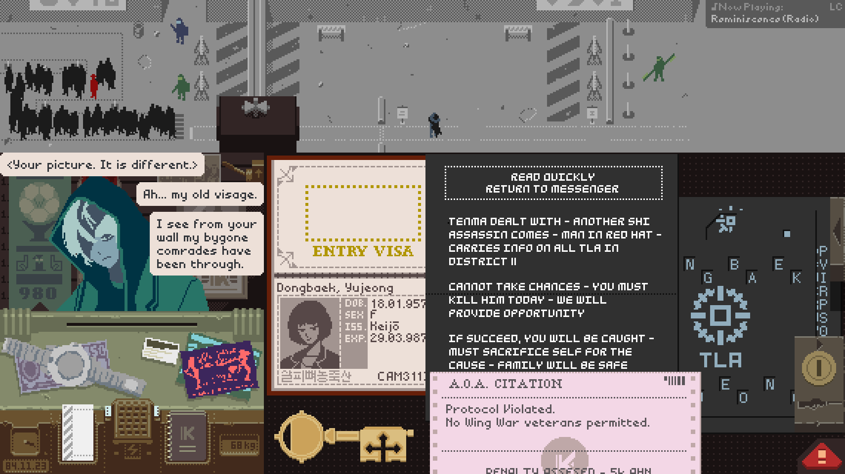 1girl character_name dongbaek_(project_moon) english_text fake_screenshot frown gameplay_mechanics highres hood hug key limbus_company looking_at_viewer medium_hair one_eye_covered papers_please passport project_moon redm0e