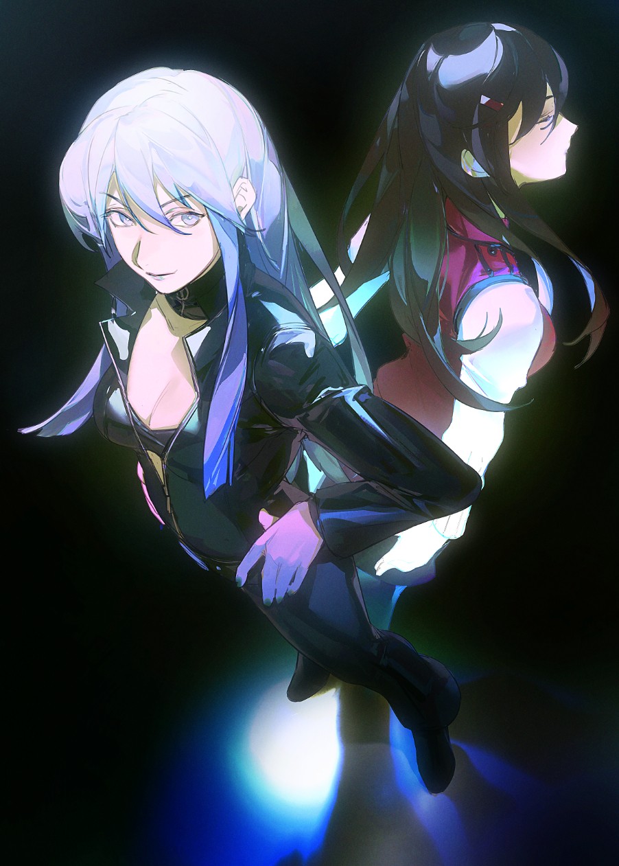 2girls black_lips blue_eyes blue_hair bodysuit breasts brown_hair center_opening cleavage closed_eyes devil_summoner:_soul_hackers devil_summoner_(series) hair_ornament hairclip highres looking_at_viewer multiple_girls nemissa pembiklimon red_vest tono_hitomi vest