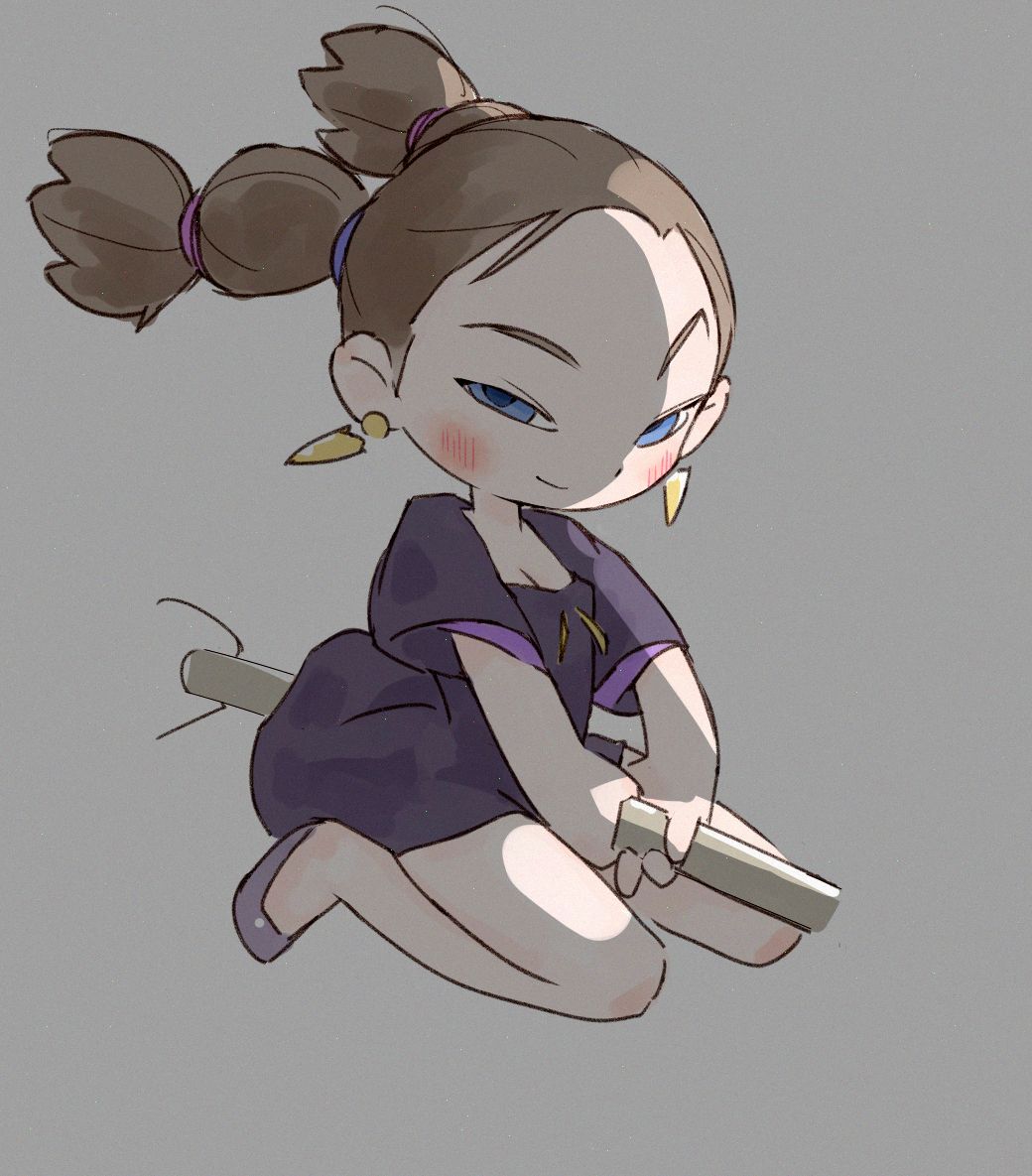 1girl blue_eyes blush broom broom_riding brown_hair chibi commentary dress earrings full_body grey_background grey_footwear hair_tie jewelry looking_at_viewer majo_no_takkyuubin purple_dress senior_witch_(majo_no_takkyuubin) simple_background sirukure solo twintails witch