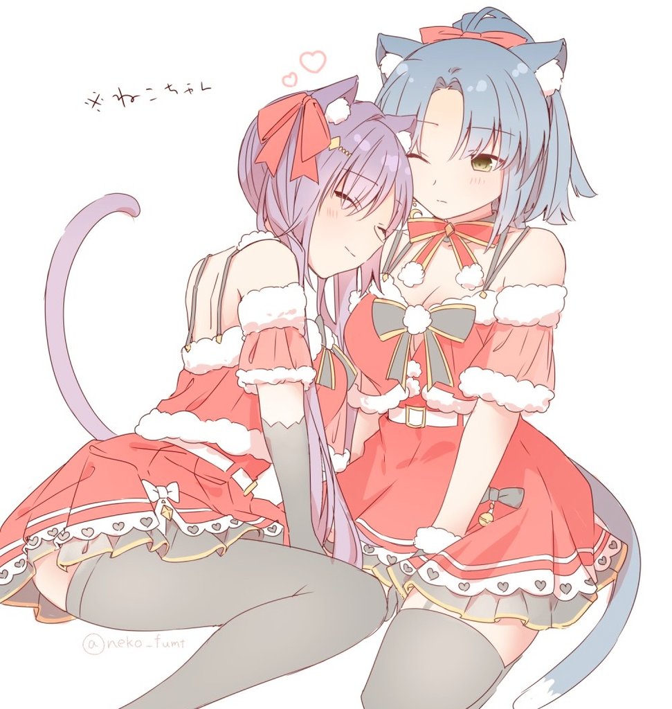 2girls ^_^ animal_ear_fluff animal_ears arched_back assault_lily bare_shoulders belt_buckle benini between_legs black_bow black_gloves black_thighhighs blue_hair blush bow bowtie breasts buckle cat_ears cat_girl cat_tail cleavage closed_eyes closed_mouth commentary detached_sleeves dress dress_bow elbow_gloves fur-trimmed_dress fur-trimmed_sleeves fur_trim garter_straps gloves hair_bow hair_ornament hair_ribbon hairclip hand_between_legs head_on_another&#039;s_shoulder heads_together heart high_ponytail kemonomimi_mode long_hair looking_at_another makino_mitake matsumura_fuuka medium_breasts medium_hair multiple_girls official_alternate_costume one_eye_closed parted_bangs pom_pom_(clothes) ponytail purple_hair red_bow red_bowtie red_dress red_ribbon ribbon santa_costume santa_dress see-through_clothes see-through_sleeves short_sleeves simple_background sitting sleeveless sleeveless_dress smile spaghetti_strap tail tail_raised thighhighs translated twintails twitter_username very_long_hair wariza white_background white_bow yellow_eyes yuri