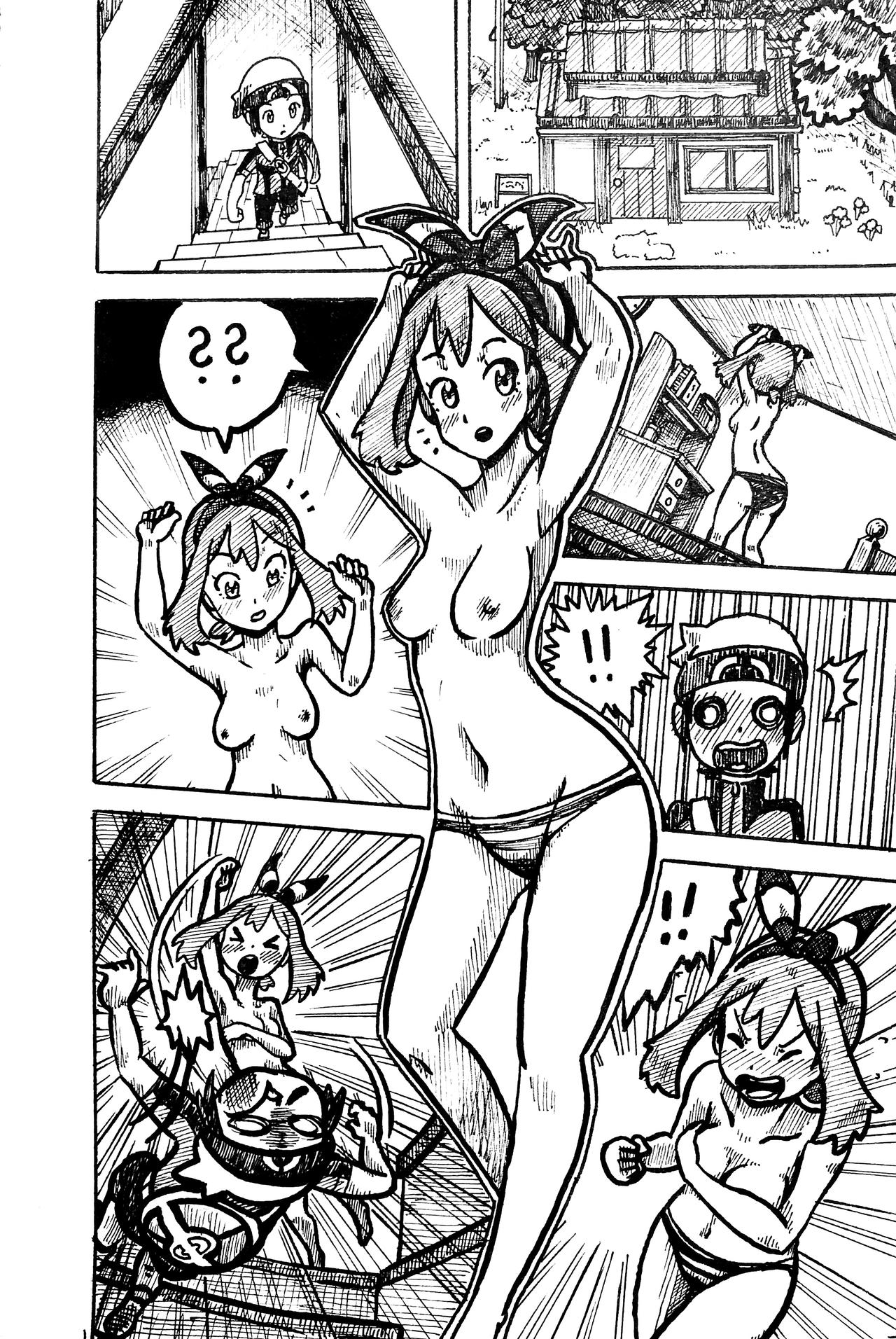 1girl accidental_pervert armpits arms_up blush brendan_(pokemon) embarrassed highres manga_(object) may_(pokemon) monochrome motion_lines navel nintendo nipples nude panels panties pokecchi-dex pokemon pokemon_oras punching self-upload speech_bubble speed_lines striped_clothes striped_panties text_focus topless_female underwear wakipai walked_in_on