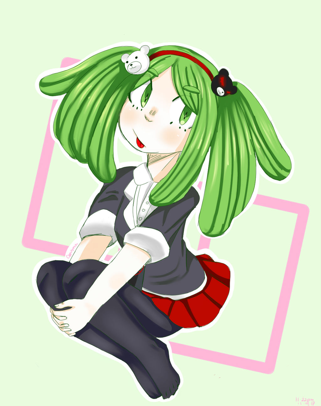 1girl bear_hair_ornament black_leggings black_shirt child cosplay cxppu danganronpa_(series) danganronpa_another_episode:_ultra_despair_girls enoshima_junko enoshima_junko_(cosplay) eyebrows female_focus fingernails full_body green_eyes green_hair hair_ornament hairband headband highres leggings matching_hair/eyes pleated_skirt red_hairband red_headband red_skirt shirt short_sleeves simple_background skirt solo tongue tongue_out towa_monaca twintails