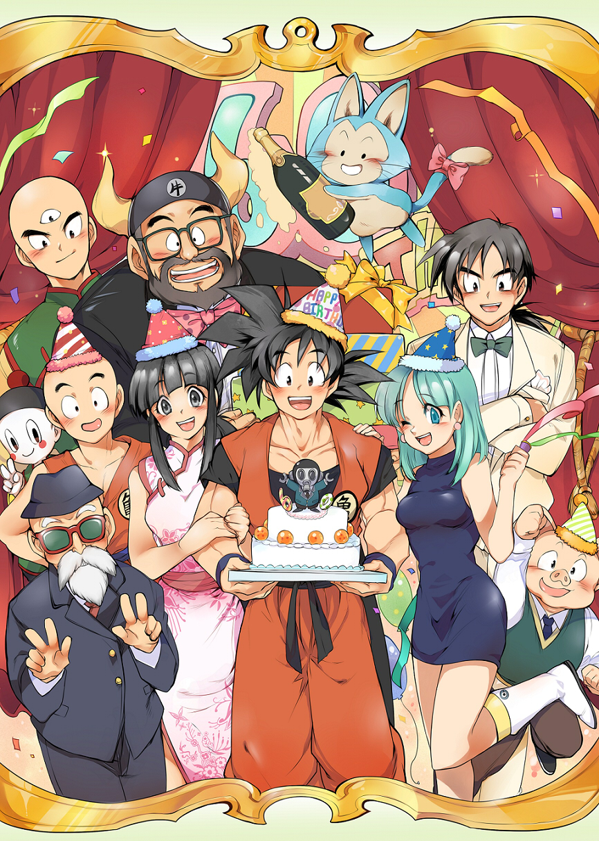 2girls 6+boys alcohol anniversary aqua_hair bad_id bad_pixiv_id bald beard birthday_cake black_hair boots bow bowtie bulma cake cat champagne chaozu chi-chi_(dragon_ball) chinese_clothes curtains dougi dragon_ball dress earrings facial_hair food formal_clothes gift gyuu_mao hano_(hanos91) happy_birthday hat highres husband_and_wife jewelry kuririn midair multiple_boys multiple_girls muten_roushi no_nose one_eye_closed oolong pig ponytail puar purple_dress son_goku suit tenshinhan third_eye tori-bot toriyama_akira_(character) traditional_bowtie tray tuxedo v white_footwear white_hair wristband yamcha