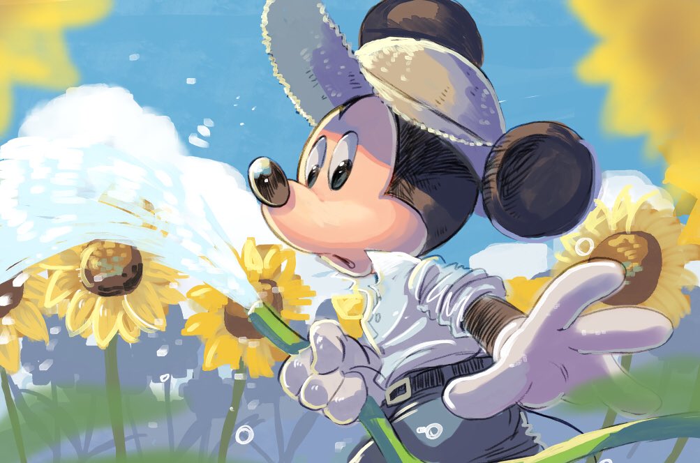 1boy alternate_costume animal_ears belt disney field flower flower_field gloves holding holding_hose hose looking_at_viewer mickey_mouse mickey_mouse_&amp;_friends mouse_boy mouse_ears natsuki_nori open_mouth pants shirt solo sunflower sunflower_field tail water