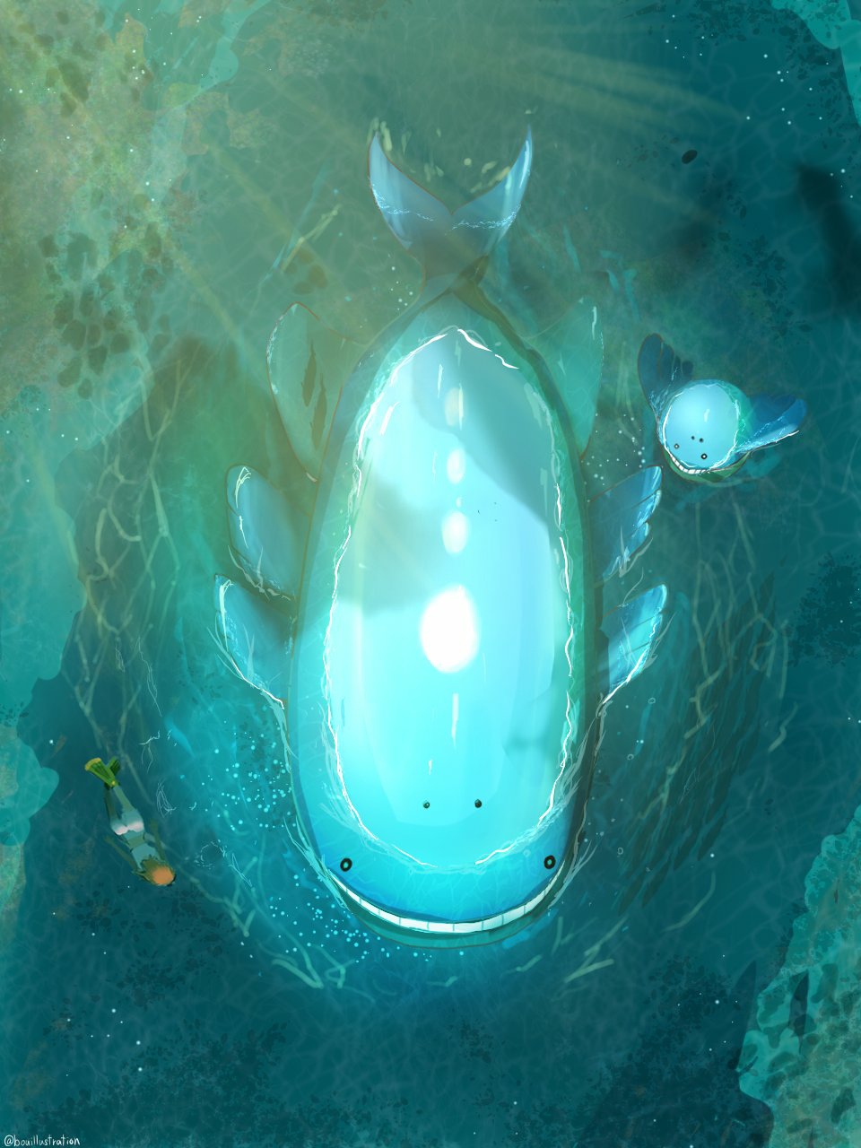 1girl bo_(bouillustration) evolutionary_line flippers from_above full_body gen_3_pokemon highres medium_hair nintendo outdoors partially_submerged pokemon pokemon_(creature) pokemon_focus sunlight swimming twitter_username wailmer wailord water