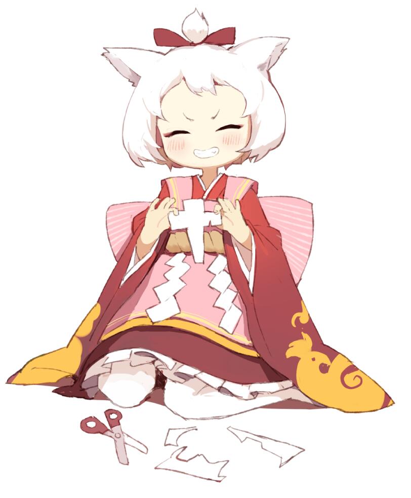 1girl ^_^ aged_down animal_ears azur_lane blush closed_eyes commentary_request frills grin hair_ribbon holding japanese_clothes jong_tu long_sleeves pantyhose paper red_ribbon ribbon scissors shikigami short_hair shouhou_(azur_lane) simple_background sitting smile solo topknot white_background white_hair white_pantyhose wide_sleeves