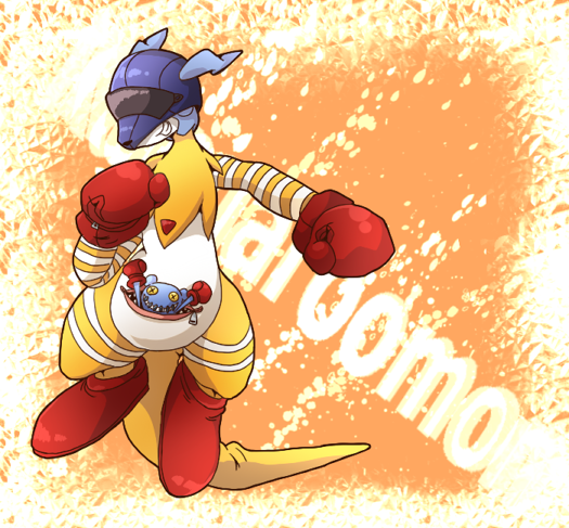 aira_(moratorium) animal_ears boots boxing_gloves character_name digimon digimon_(creature) doll gloves helmet kangaroo kangaroo_ears kangaroo_tail kangarumon no_humans solo teeth