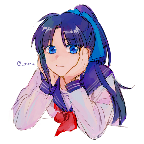 1girl alternate_costume blue_eyes blue_hair blue_ribbon blue_sailor_collar closed_mouth commentary_request contemporary elbow_rest hair_ribbon hands_on_own_cheeks hands_on_own_face high_ponytail kamiya_kaoru light_smile long_hair long_sleeves looking_at_viewer neckerchief ouru109 ponytail red_neckerchief ribbon rurouni_kenshin sailor_collar school_uniform serafuku sidelocks simple_background solo twitter_username upper_body white_background white_serafuku