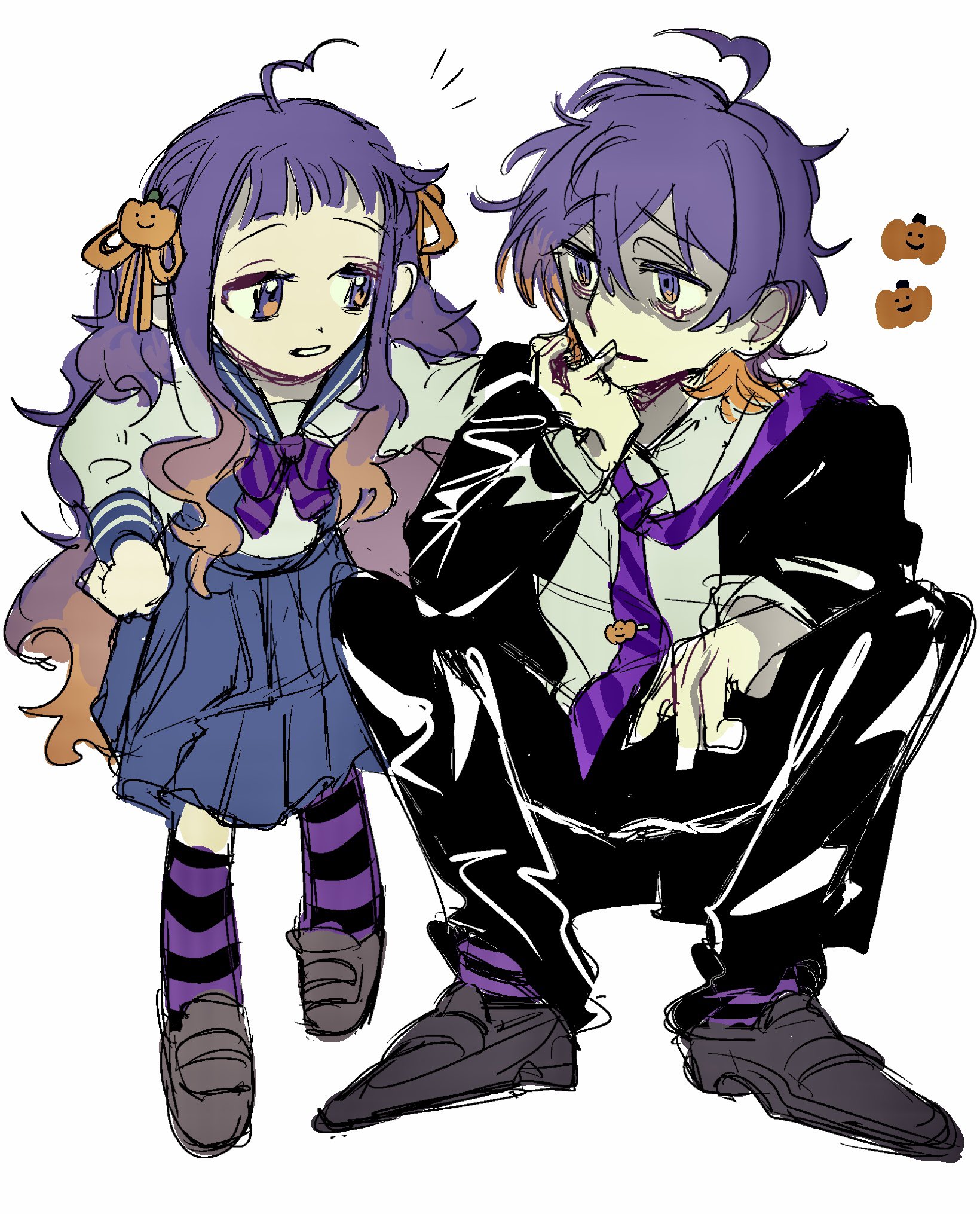 1boy 1girl bad_id bad_twitter_id bags_under_eyes black_jacket black_pants black_suit blue_sailor_collar blue_skirt brother_and_sister call_of_cthulhu collared_shirt comforting eye_contact formal_clothes fujimura_kirara fujimura_saki gradient_hair grin hand_on_another's_back hand_on_own_chin hand_on_own_hip highres jacket kaikou_(trpg_scenario) kneehighs loafers long_hair long_sleeves looking_at_another looking_to_the_side multicolored_hair napoli_no_otokotachi necktie necktie_over_shoulder notice_lines orange_hair oshisu_(pentagon_2_15) pants purple_eyes purple_hair purple_necktie purple_socks raised_eyebrow sailor_collar school_uniform serafuku shaded_face shirt shoes short_hair siblings side-by-side simple_background skirt smile socks squatting standing striped_clothes striped_necktie striped_socks suit tearing_up white_background white_shirt