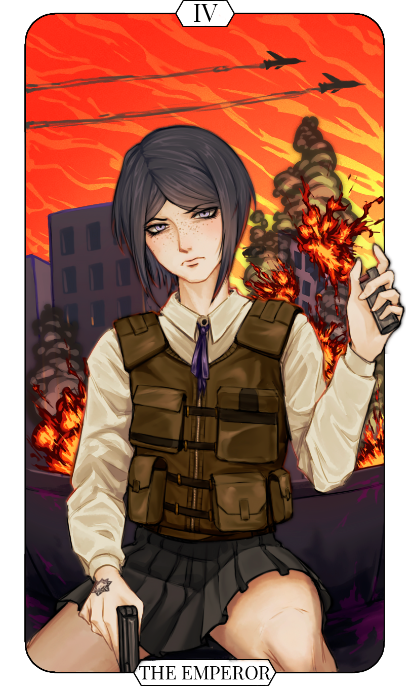 1girl black_hair black_skirt building card closed_mouth commentary danganronpa_(series) english_commentary english_text explosion explosion_background freckles grey_eyes gun highres holding holding_gun holding_weapon ikusaba_mukuro jacket looking_at_viewer military orange_sky ron_bright serious short_hair skirt sky solo tarot tarot_card the_emperor_(tarot) war weapon white_jacket