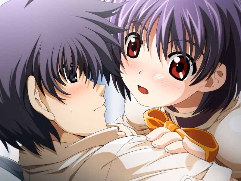 1boy 1girl edelweiss edelweiss_eiden_fantasia game_cg haruma_kazushi purple_hair red_eyes school_uniform takase_sakura