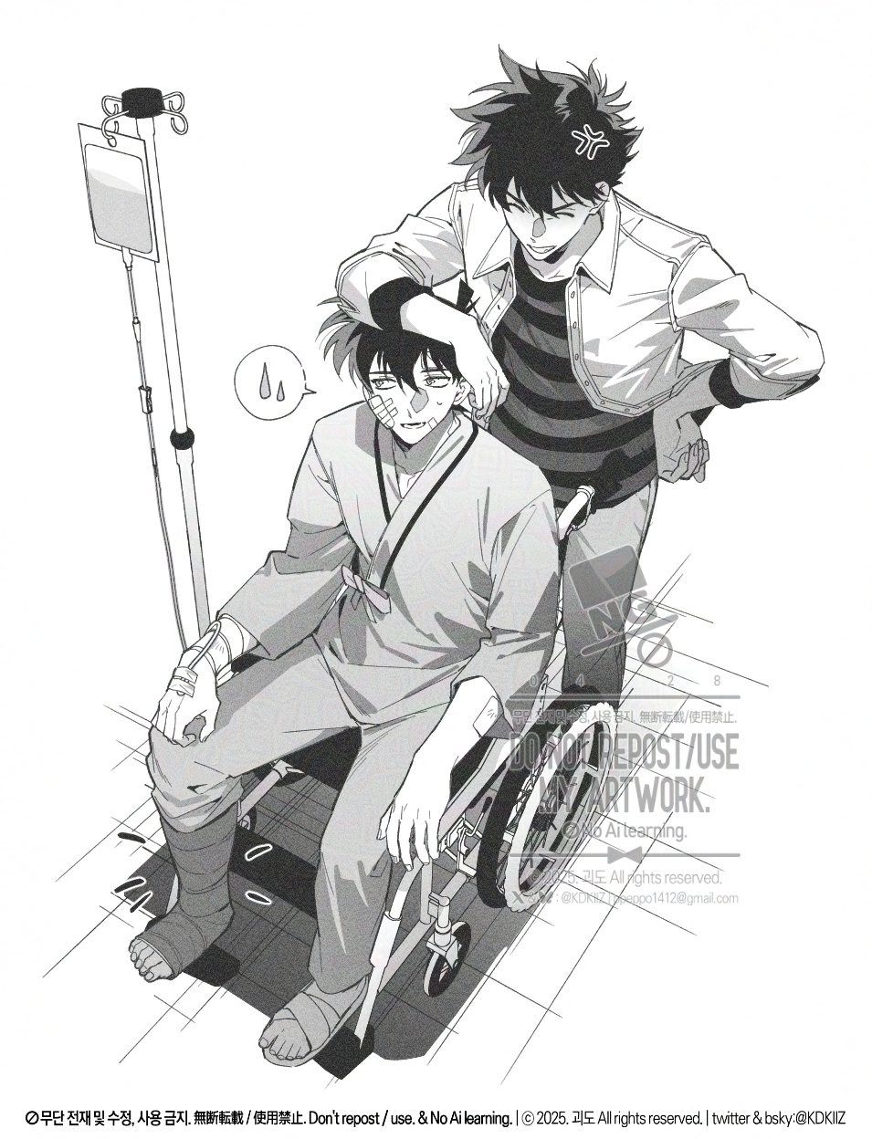 2boys anger_vein arm_on_another&#039;s_head arm_rest bandage_on_face bandages black_sandals closed_mouth hand_on_own_hip highres hospital_gown image_in_speech_bubble intravenous_drip iv_stand jacket kidkuroba4869 kudou_shin&#039;ichi kuroba_kaito leg_cast long_sleeves magic_kaito male_focus meitantei_conan monochrome multiple_boys pants sandals shirt short_hair simple_background sitting speech_bubble spoken_sweatdrop striped_clothes striped_shirt sweatdrop watermark wheelchair white_background