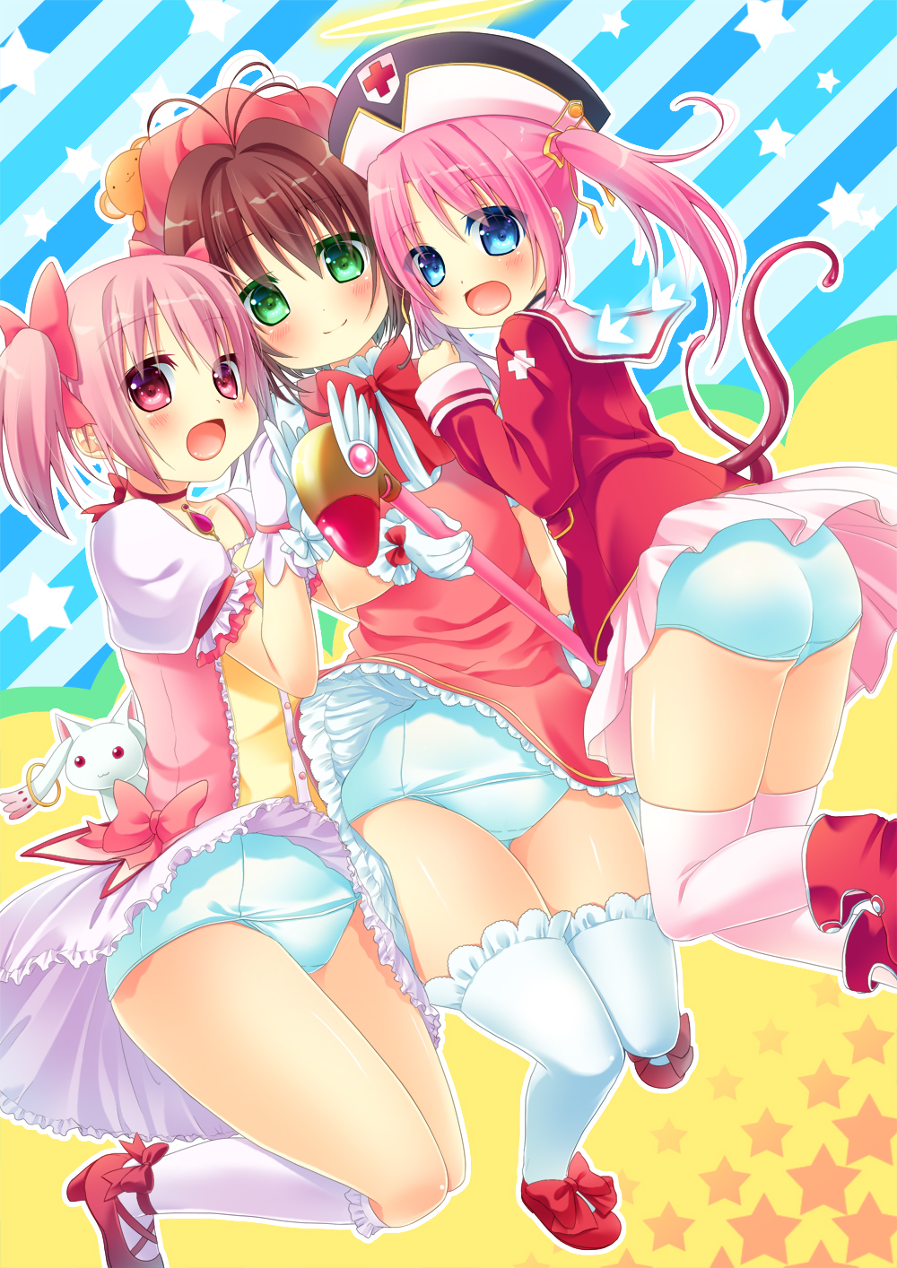 10s 1990s_(style) 3girls :d blue_eyes bobby_socks brown_hair cardcaptor_sakura crossover girl_sandwich gloves green_eyes hanamiya_natsuka hat highres kaname_madoka kaname_madoka_(magical_girl) kinomoto_sakura kinomoto_sakura_(magician) kneehighs kyubey luvriel magical_girl mahou_shoujo_madoka_magica mahou_shoujo_madoka_magica_(anime) makai_tenshi_djibril multiple_crossover multiple_girls old_school_swimsuit one-piece_swimsuit open_mouth pink_eyes pink_hair pink_hat red_footwear retro_artstyle sandwiched school_swimsuit shoes short_hair short_twintails smile socks swimsuit swimsuit_under_clothes thighhighs trait_connection twintails wand white_one-piece_swimsuit white_school_swimsuit