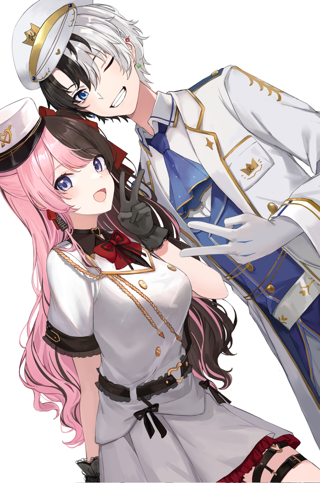 1boy 1girl :d ;) alternate_costume ascot belt black_belt black_hair black_shirt blue_ascot blue_eyes blue_vest bow bowtie buckle collared_shirt dress_shirt earrings frilled_skirt frills gloves grin hat heart heart-shaped_buckle highres indie_virtual_youtuber jacket jewelry kamito_(vtuber) leaning_forward long_hair looking_at_viewer military_uniform miniskirt multicolored_hair official_alternate_costume one_eye_closed open_mouth peaked_cap pink_hair pleated_skirt red_bow red_bowtie shirt short_sleeves simple_background skirt smile split-color_hair tachibana_hinano_(2nd_costume) tachibana_hinano thigh_strap touri_tarou_(misconception) two-tone_hair v very_long_hair vest virtual_youtuber vspo! white_background white_gloves white_hair white_headwear white_jacket white_shirt white_skirt wing_collar
