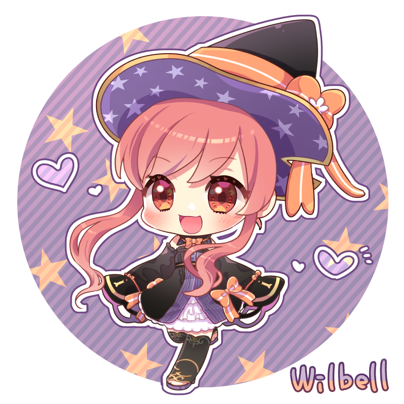 1girl :d atelier_(series) atelier_ayesha aya_(ri2ki1129) black_dress black_hat black_thighhighs character_name chibi dress fang full_body hat heart long_hair long_sleeves looking_at_viewer open_mouth outline pink_hair print_headwear purple_background sidelocks skin_fang smile solo standing standing_on_one_leg star_(symbol) star_print thighhighs white_outline wilbell_voll-ersleid witch witch_hat