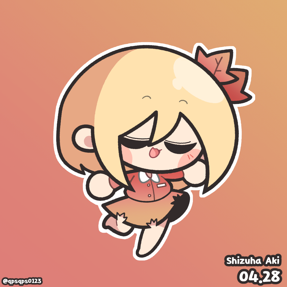 1girl :3 aki_shizuha baek_ban barefoot blonde_hair blush_stickers character_name chibi chibi_only closed_eyes collared_shirt dated gradient_background hair_ornament jacket leaf_hair_ornament long_sleeves medium_hair open_mouth orange_skirt outline red_jacket shirt skirt smile solo touhou white_outline white_shirt