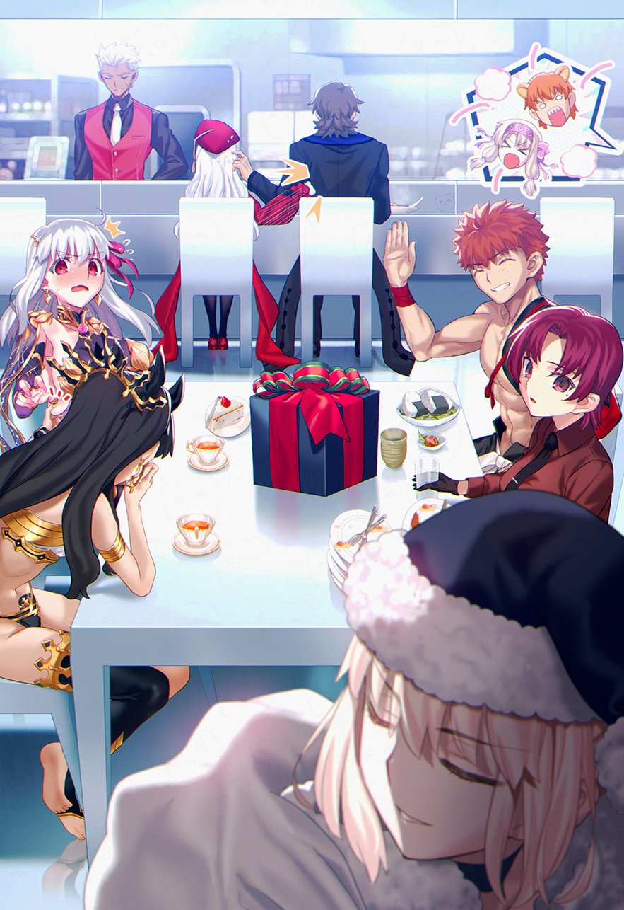 3boys 6+girls aora archer_(fate) armlet armor artoria_pendragon_(fate) bare_shoulders bazett_fraga_mcremitz beret bikini bikini_armor black_dress black_gloves black_hair black_hat black_necktie black_pantyhose black_suit black_thighhighs blonde_hair blush box bracelet breasts cake caren_hortensia caren_hortensia_(amor_caren) caren_hortensia_(amor_caren)_(second_ascension) closed_eyes collar collared_shirt cup detached_sleeves dress dress_shirt earrings emiya_shirou fate/grand_order fate_(series) food formal_clothes fur-trimmed_headwear fur_trim gift gift_box gloves gold_trim grin hair_ribbon hat highres hoop_earrings igote ishtar_(fate) jaguarman_(fate) jewelry kama_(fate) kama_(second_ascension)_(fate) kotomine_kirei large_breasts long_hair long_sleeves manannan_mac_lir_(fate) manannan_mac_lir_(first_ascension)_(fate) medium_breasts metal_collar mismatched_bikini mole mole_under_eye multiple_boys multiple_girls necktie onigiri open_mouth orange_hair pantyhose parted_bangs pinching plate punching purple_dress purple_sleeves rasputin_(fate) red_dress red_eyes red_hair red_hat red_shirt red_vest ribbon santa_alter santa_hat senji_muramasa_(fate) shawl shirt short_hair sidelocks single_detached_sleeve single_thighhigh sitonai_(fate) smile stirrup_legwear stole suit swimsuit table teacup thighhighs tiara toeless_legwear two_side_up vest white_hair yellow_eyes