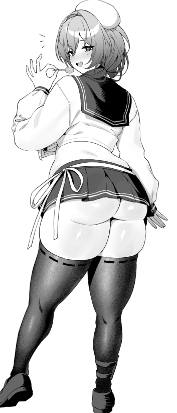 1girl amano_don ass bready_(nikke) candy commentary_request crop_top food from_behind goddess_of_victory:_nikke greyscale holding holding_candy holding_food holding_lollipop loafers lollipop long_sleeves looking_at_viewer looking_back microskirt midriff monochrome notice_lines open_mouth pleated_skirt sailor_collar shirt shoes simple_background skirt smile solo standing thighhighs underbutt