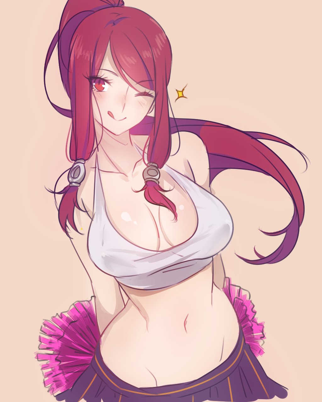 1girl :p alternate_costume arms_behind_back bad_id bad_twitter_id bare_shoulders blazblue breasts breasts_apart cheerleader cleavage female_focus hair_tubes happy highres izayoi_(blazblue) large_breasts long_hair midriff miniskirt navel no_bra one_eye_closed pom_pom_(cheerleading) ponytail red_eyes red_hair skirt smile solo tank_top tongue tongue_out tsubaki_yayoi tusia