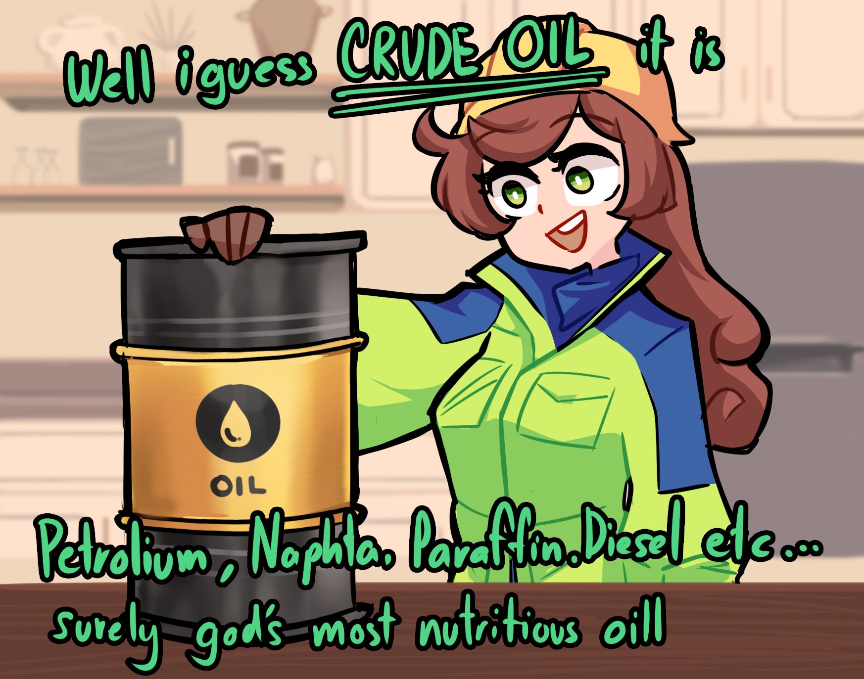 1girl blurry blurry_background breast_pocket bright_pupils brown_hair centurii-chan drum_(container) engineer_(centurii-chan) english_text green_eyes hard_hat helmet high-visibility_clothing high-visibility_jacket highres kitchen long_hair open_mouth original pocket refrigerator solo teeth upper_body upper_teeth_only white_pupils yellow_headwear