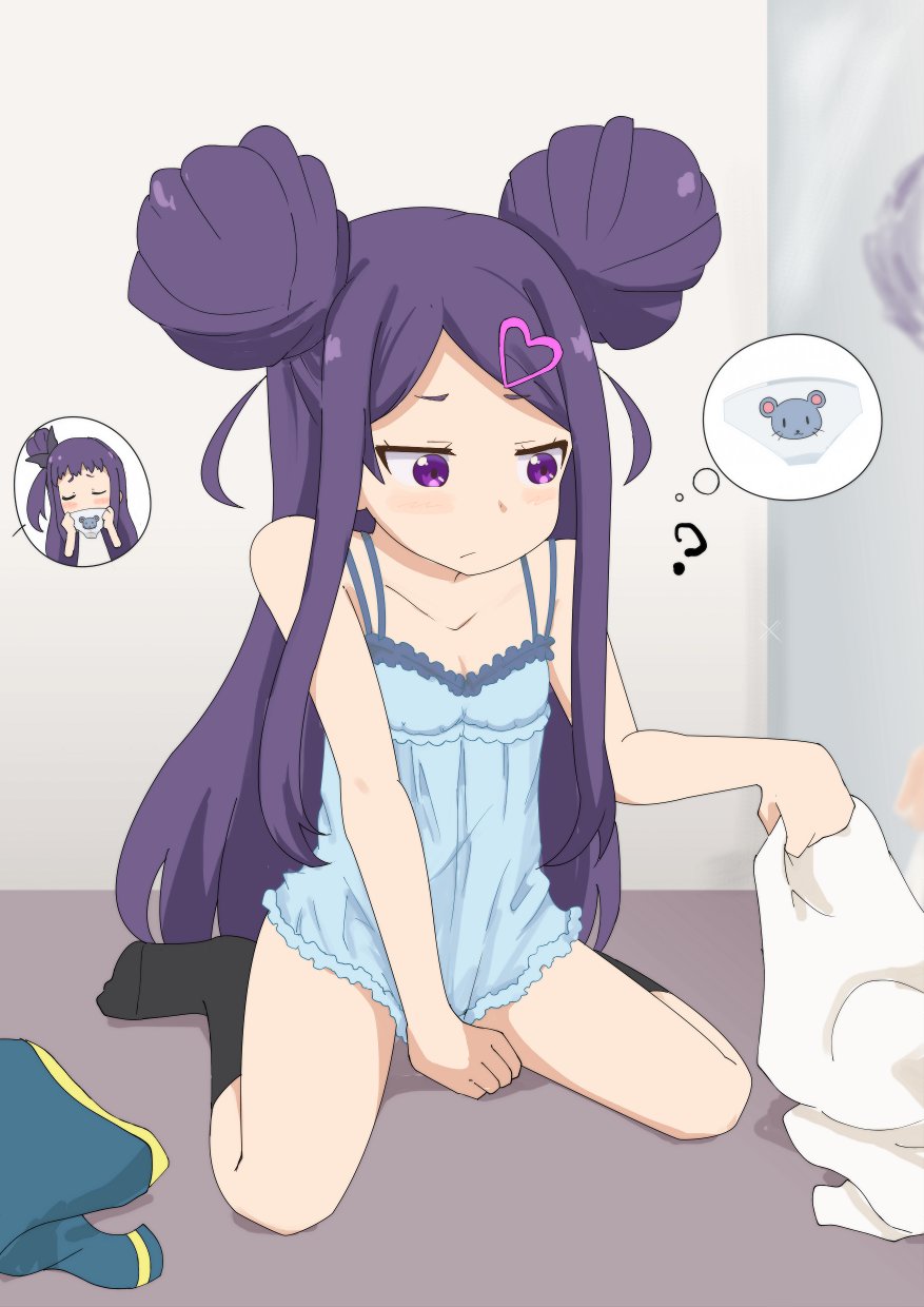 2girls ? black_socks closed_eyes double_bun female_pervert gobanme_no_mayoi_neko hair_bun hair_ornament heart heart_hair_ornament highres holding holding_unworn_clothes holding_underwear holding_unworn_clothes kneehighs lingerie long_hair mouse_print multiple_girls negligee ochikobore_fruit_tart panties pervert purple_eyes purple_hair sekino_chiko sekino_roko siblings single_hair_bun sisters sitting smelling smelling_clothes smelling_underwear socks underwear unworn_panties wariza