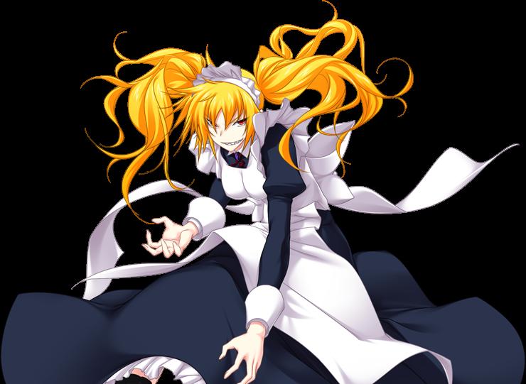 1girl apron blonde_hair breasts evil_grin evil_smile grin kawagishi_keitarou looking_at_viewer maid maid_apron maid_headdress maji_de_watashi_ni_koi_shinasai! medium_breasts red_eyes sharp_teeth smile smirk smug solo stacy_connor teeth twintails