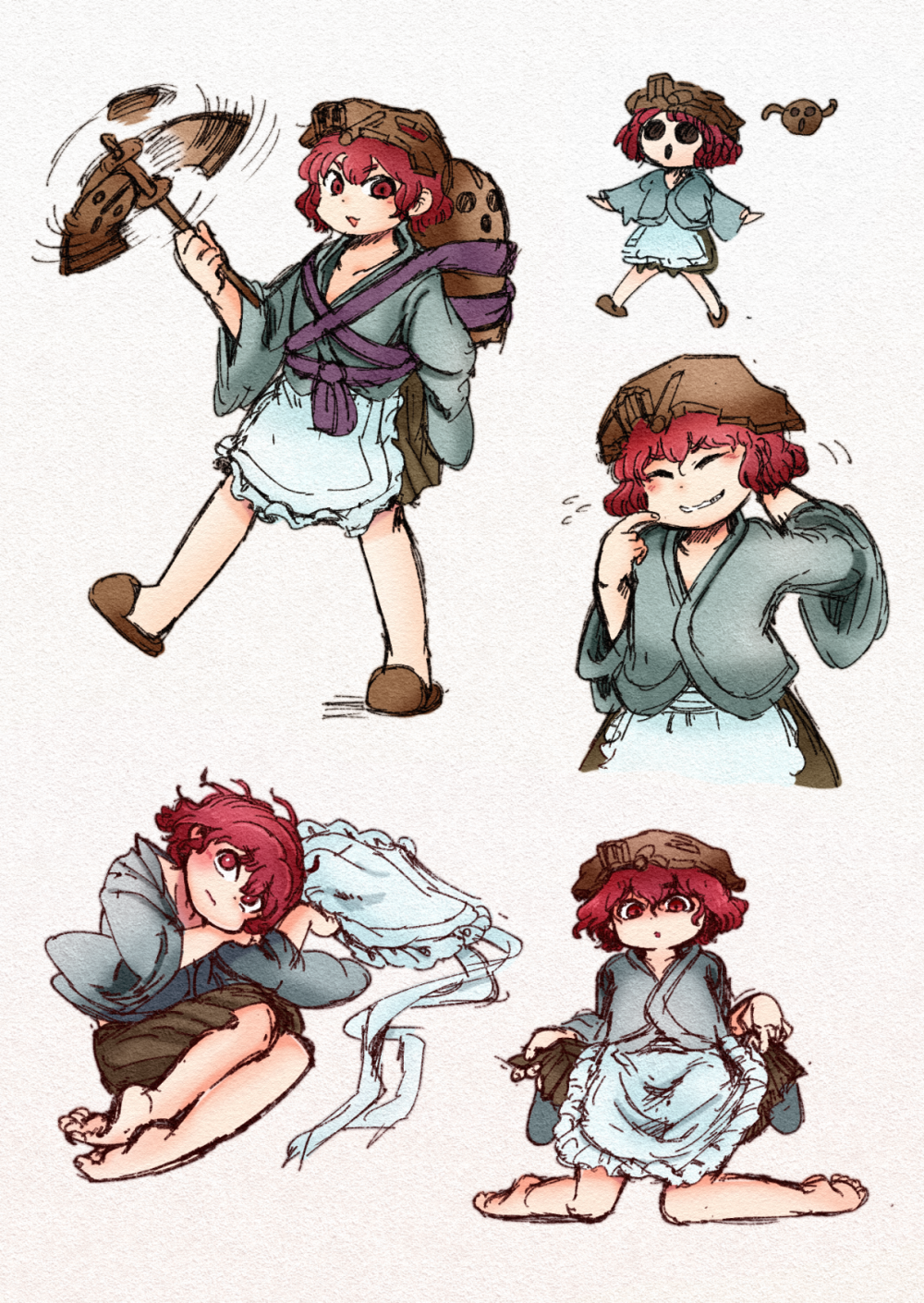 1other :o afterimage androgynous apron arm_behind_head bare_legs barefoot black_eyes blue_kimono brown_footwear brown_hakama brown_helmet chibi chikafumikou clothes_lift collarbone commentary_request cropped_legs embarrassed finger_to_cheek fingernails flying_sweatdrops frilled_apron frills full_body grin hakama hakama_short_skirt hakama_skirt hand_on_own_cheek hand_on_own_face haniwa_(statue) helmet highres holding holding_toy japanese_clothes katano_sukune kimono kneeling len&#039;en long_sleeves lying motion_lines multiple_views nervous_smile no_headwear no_shoes on_side open_mouth other_focus purple_ribbon purple_sash red_eyes red_hair ribbon sash shaded_face short_hair short_kimono simple_background skirt skirt_lift slippers smile solid_circle_eyes spinning toes toy triangle_mouth unworn_apron waist_apron waist_ribbon white_apron white_background wide_sleeves