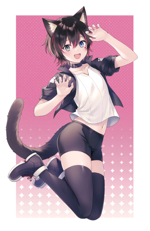 1girl :d androgynous animal_ears bike_shorts black_footwear black_hair black_jacket black_shorts black_thighhighs cat_ears cat_girl cat_tail claw_pose collar commission e_(eokiba) full_body jacket multicolored_hair open_clothes open_jacket open_mouth original red_hair shirt short_sleeves shorts skeb_commission smile streaked_hair tail thighhighs two-tone_hair white_shirt