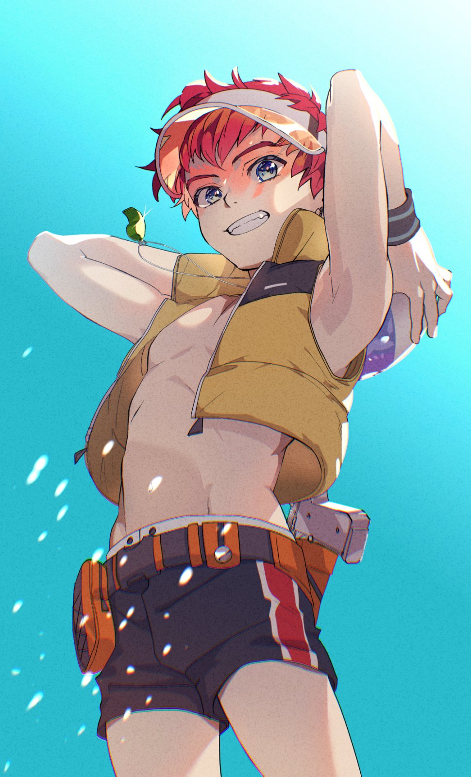 1boy arms_behind_back child commentary_request from_below hat highres jacket jr. looking_at_viewer male_focus navel outdoors red_hair sayasaka shorts sun_hat teeth water water_drop whistle xenosaga