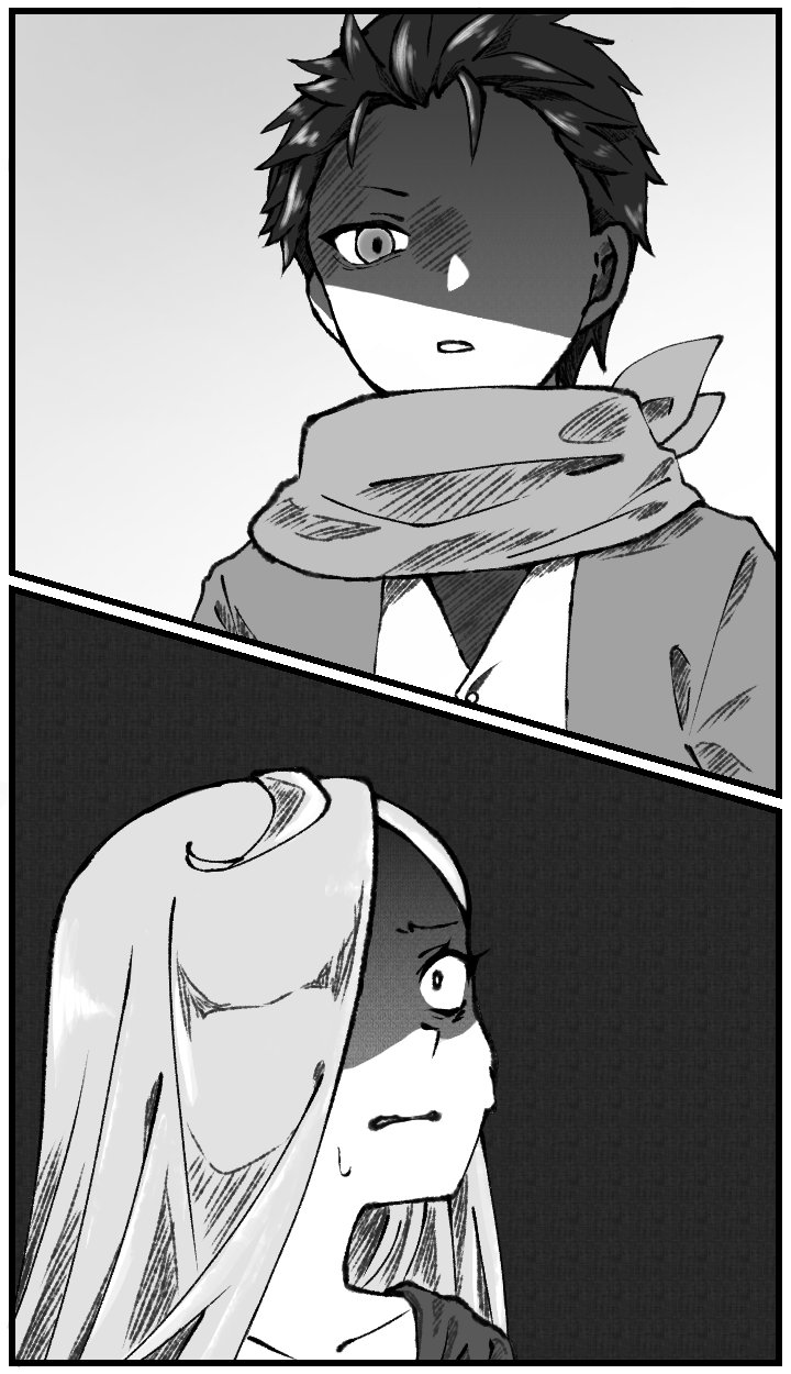 1boy 1girl 2koma black_hair blonde_hair comic fear hair_over_one_eye highres long_hair louis_arneb natsuki_subaru re:zero_kara_hajimeru_isekai_seikatsu sanpaku scared scarf shadow_over_face short_hair very_long_hair