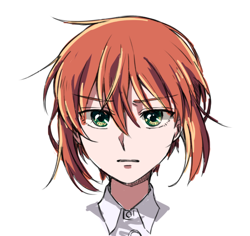 1girl bad_id bad_twitter_id clenched_teeth collared_shirt delfuze green_eyes hatori_chise looking_at_viewer mahou_tsukai_no_yome portrait red_hair shirt simple_background solo teeth white_background white_shirt wing_collar