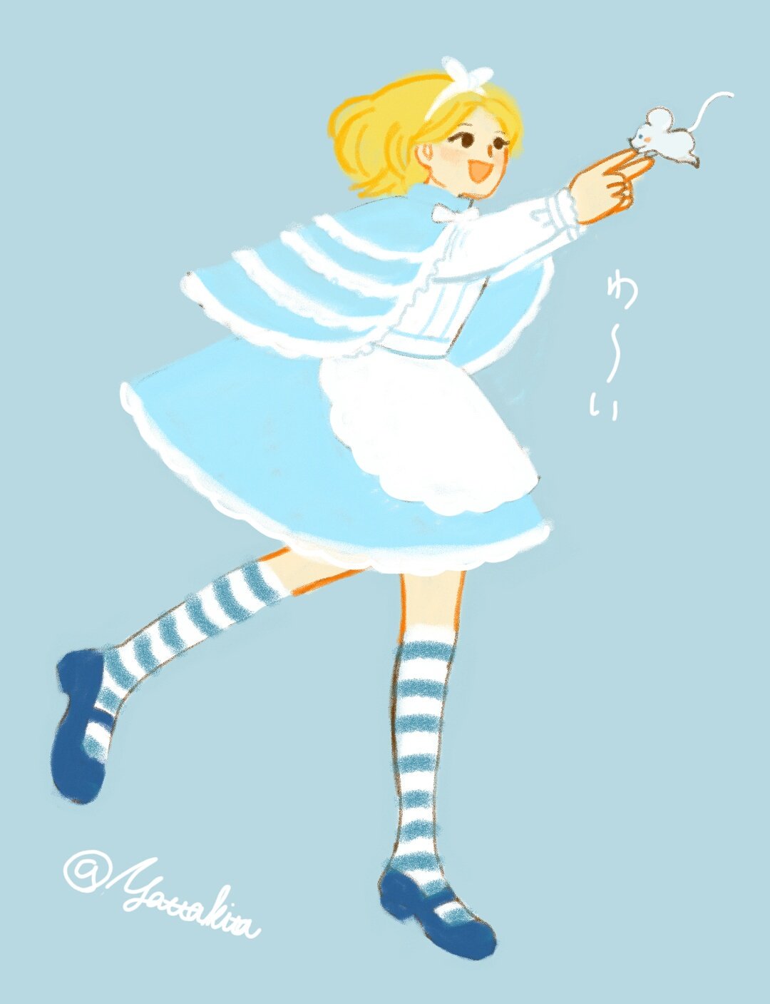 1girl animal apron black_eyes blonde_hair blue_capelet capelet classicaloid frilled_capelet frills full_body hairband highres long_sleeves mary_janes mouse_(animal) open_mouth pyotr_illyich_tchaikovsky_(classicaloid) shirt shoes short_hair simple_background solo striped_clothes striped_thighhighs thighhighs translation_request white_apron white_hairband white_shirt yatta_kita